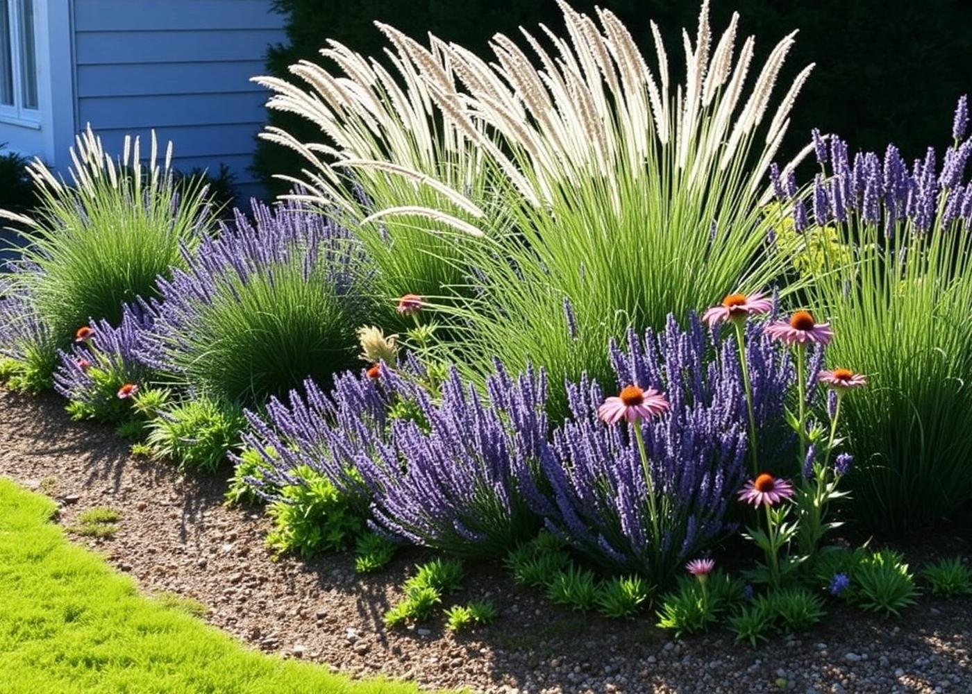 Cottage border with lavender and grasses