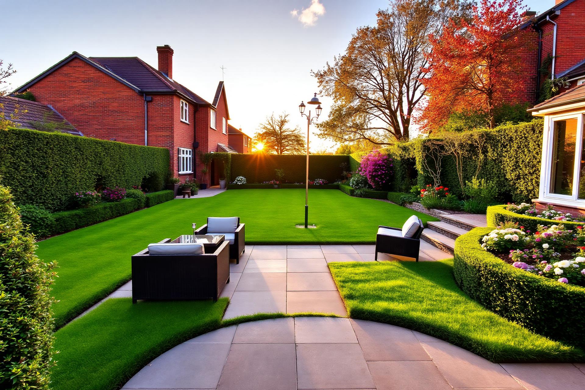 A beautifully landscaped garden at sunset